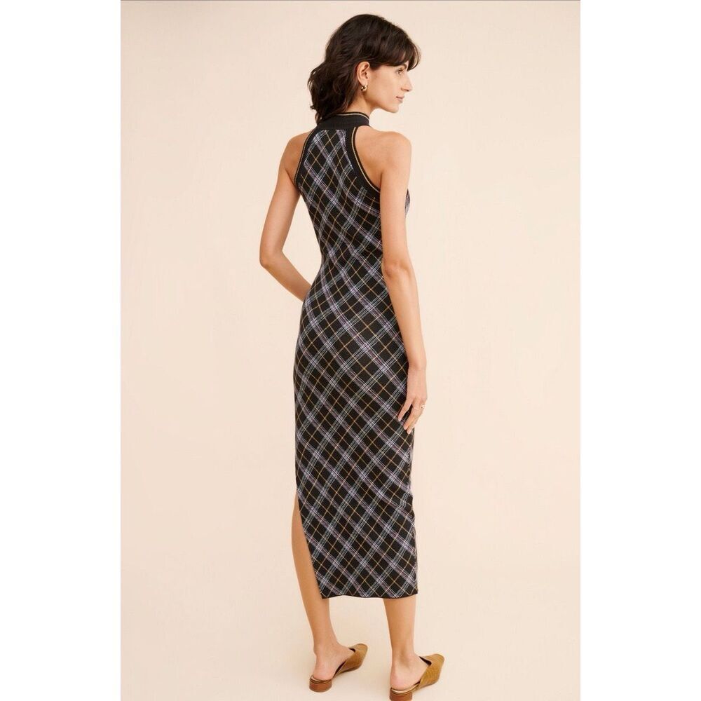Free People Sz M Saylor Sleeveless Midi Dress Plaid Bodycon Black High Neck - Picture 6 of 13